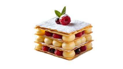 Classic Mille-Feuille Pastry with Vanilla Cream, Caramel, and Raspberry – A High-Quality PNG Image with a Transparent Background for Versatile Use