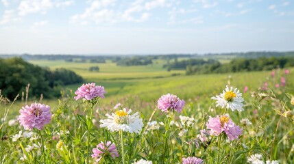 Obraz premium Wildflowers bloom in a lush green meadow under a blue sky during a sunny summer day.