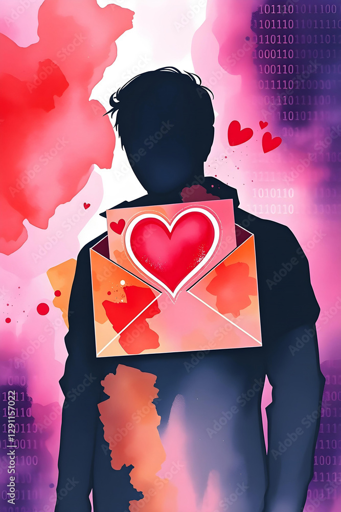 Poster A silhouette of a person holding an envelope with a heart, amidst watercolor splashes and binary code, symbolizes love in the digital age