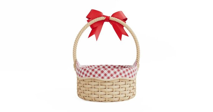 4k Resolution Video: Wooden Wicker Basket with Red Ribbon and Bow Seamless Looped Rotating on a white background with Alpha Matte