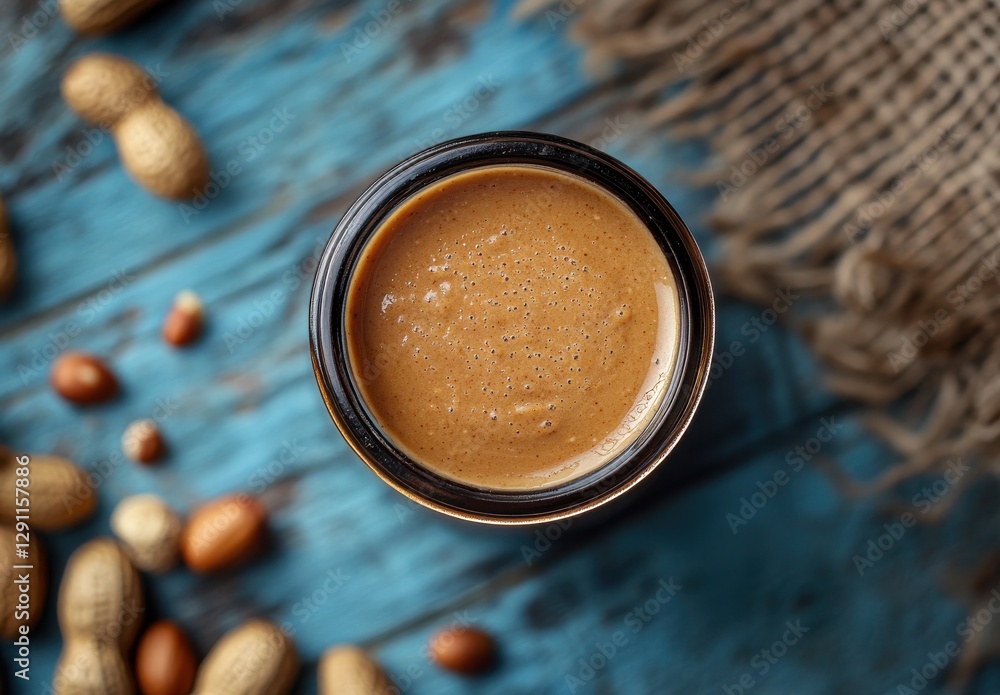 Poster creamy peanut butter in open jar on rustic wooden table with peanuts and texture background for culi