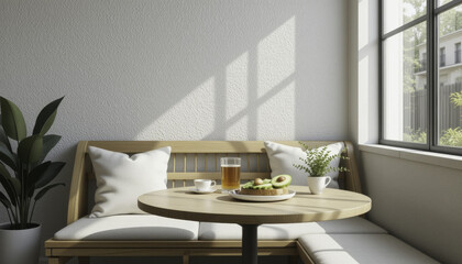 cozy breakfast nook with wooden bench and round table is bathed in natural light from large window, featuring plate of sliced kiwi and glass of juice, creating serene atmosphere