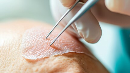 Close-up of a medical professional applying a skin graft with precision tweezers during a surgical procedure. Concept of wound healing, tissue regeneration, and advanced medical treatment.