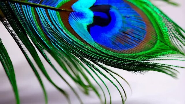 Magnificent peacock feather showcasing vibrant colors and intricate patterns under soft light
