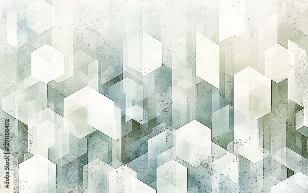 Poster abstract geometric pattern with hexagonal shapes in muted green and white tones, textured background