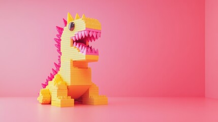 A vibrant, yellow dinosaur toy made from building blocks, displaying bold spikes and a playful expression against a pink background.