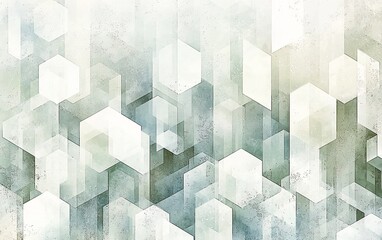 Abstract geometric pattern with hexagonal shapes in muted green and white tones, textured background.