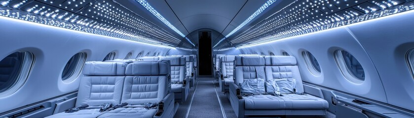 Fototapeta premium Interior of a modern airplane showcasing sleek seats and contemporary lighting.