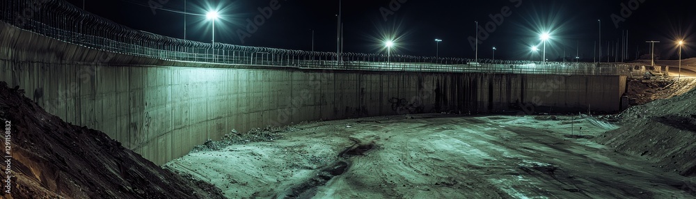 Poster nighttime view of a large concrete structure illuminated by overhead lights.