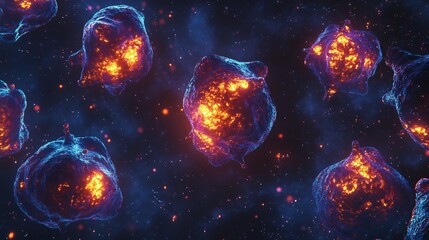 Photo realistic depiction of cancer cell under microscope glowing genetic mutation cinematic vibrant lighting highlighting detailed texture symmetrical alignment scientifically accurate representation