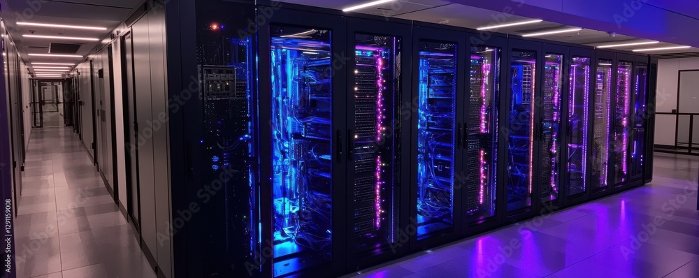 Poster high-tech data center with illuminated server racks and modern equipment.