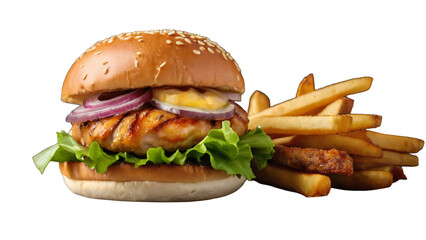 Crispy Chicken Burger with Cheese, Fresh Greens, Onion, Tomato, and Sauce &ndash; A High-Quality PNG Image with a Transparent Background for Versatile Use