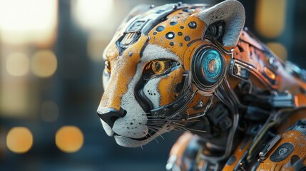 Futuristic robotic leopard with intricate mechanical features, set against a blurred cityscape background