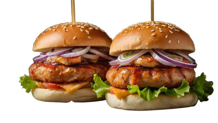 Crispy Chicken Burger with Cheese, Fresh Greens, Onion, Tomato, and Sauce &ndash; A High-Quality PNG Image with a Transparent Background for Versatile Use