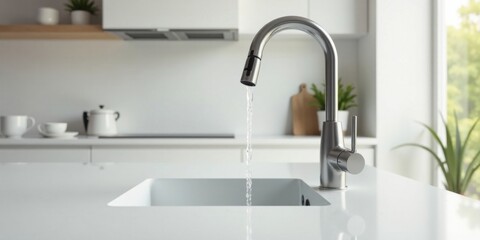 Modern kitchen faucet with flowing water, minimalist design, clean lines, bright lighting, pristine countertop, sleek metallic finish, simple elegance, contemporary style, home improvement