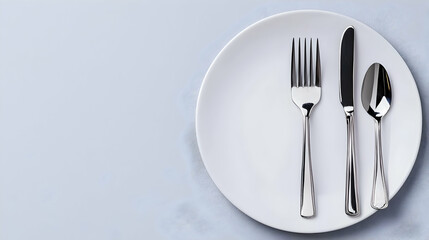 Table setting plate, fork, knife, spoon on light background