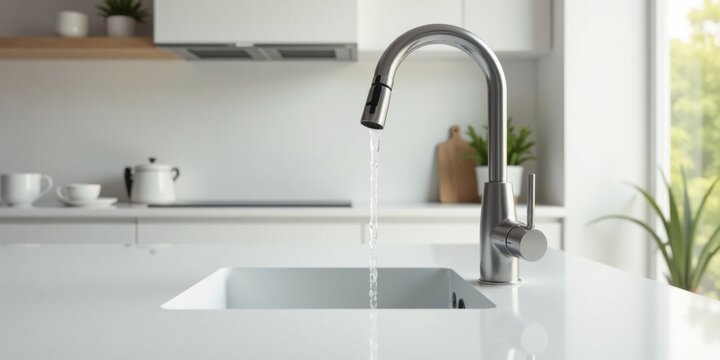 Modern kitchen faucet with flowing water, minimalist design, clean lines, bright lighting, pristine countertop, sleek metallic finish, simple elegance, contemporary style, home improvement