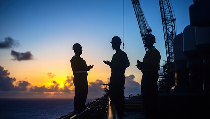 Fototapeta premium Offshore Workers Discuss Project Plans at Sunset, Reviewing Safety Procedures and Progress During Golden Hour