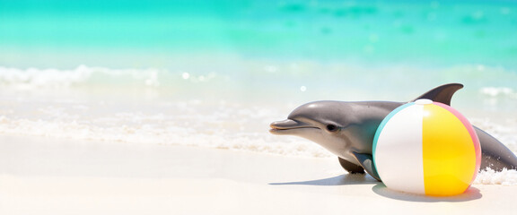 Obraz premium Dolphin playing with beach ball on sunny shore, joyful summer fun