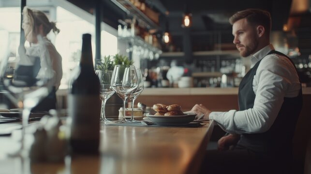 Thief alert in a restaurant, staff noticing suspicious customer activity. Featuring quick response and food safety
