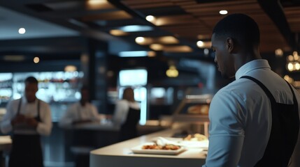 Thief alert in a restaurant, staff noticing unusual activity from a guest. Featuring swift action and restaurant security