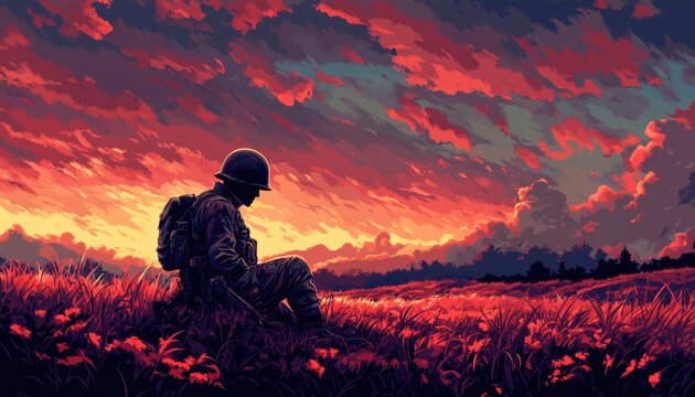 A solitary soldier contemplates the sunset on a battleground