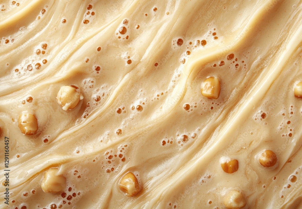 Poster creamy peanut butter texture with bubbling foam and nut pieces captured in close-up showing richness