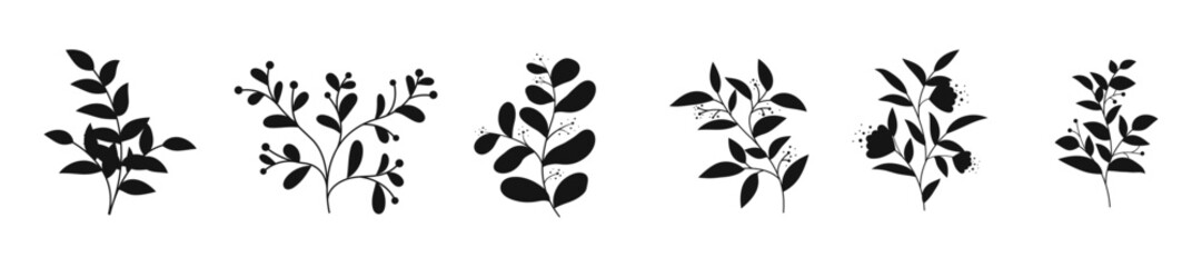 Obraz premium Silhouette Botanical Branches with Leaves and Berries Vector Set