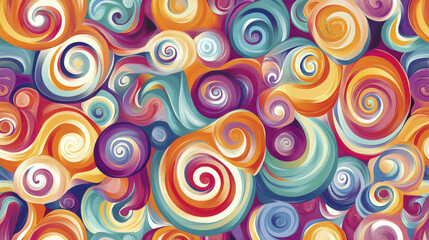 Colorful swirl pattern with vibrant hues and dynamic shapes, creating lively and energetic visual experience. Perfect for backgrounds or artistic designs