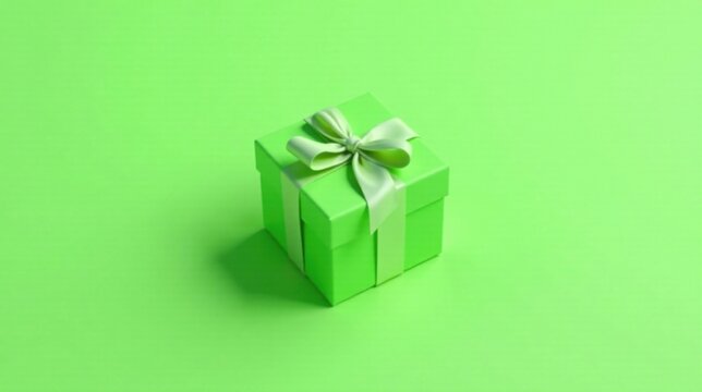 A lime green present box with a pale green ribbon bow, sits on a matching background.