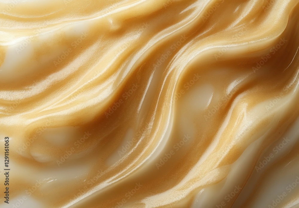 Poster creamy swirls of light caramel and white dessert topping flowing in wavy patterns, close-up view cap