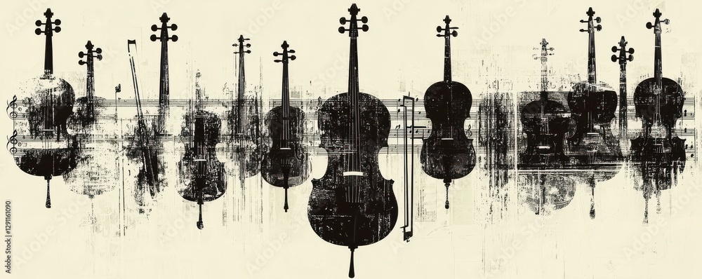 Poster artistic representation of violins creating a harmonious composition in black and white.