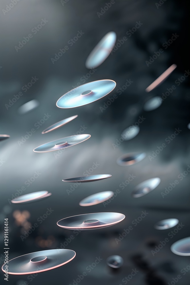 Poster floating discs create a surreal visual effect against a dark backdrop with ethereal lighting