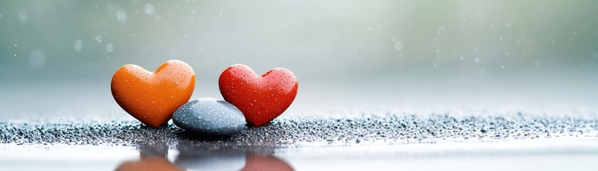 Fototapeta premium Two colorful hearts placed on a soft surface, conveying love and affection.