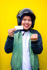 Female driver holding blank card