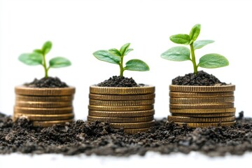 Three small green plants growing from stacks of coins symbolizing investment growth