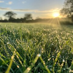 Dew-kissed grass field at sunrise (1)