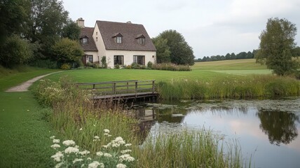 Obraz premium Tranquil Countryside House with Pond and Wooden Bridge