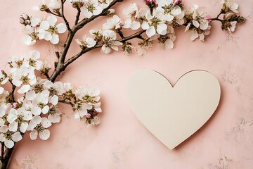 Beautiful blossoms and a blank heart rest on a pink surface