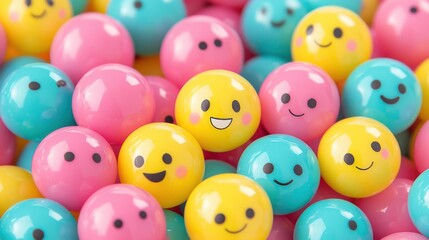 Colorful, smiling balls in pink and blue create a joyful and playful scene, evoking happiness and fun.