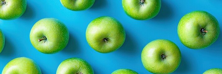 Fresh green apples with shiny skin on a bold blue backdrop
