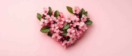 Fototapeta premium Pink flowers forming heart shape on pink background.