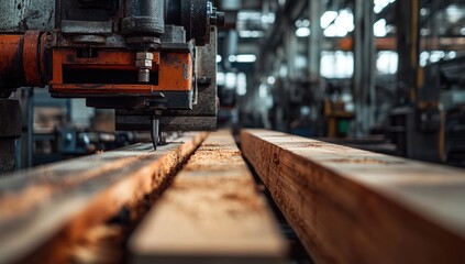 Industrial Woodworking Machine Precisely Cuts Lumber in Factory Setting, Creating Smooth Planks for Construction
