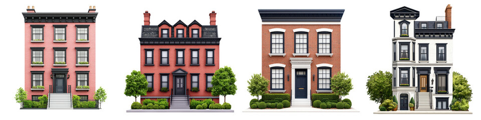 Fototapeta premium Charming Townhouses Lining Picturesque Urban Neighborhood with Elegant Historic Architecture Facades and Manicured Landscaping