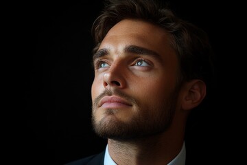 Obraz premium Portrait of a man looking up with a hopeful expression in dramatic lighting