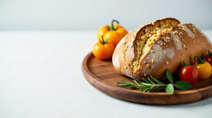Artisan Loaf of Bread with Toasted Seeds, Fresh Tomatoes, and Rosemary Sprig on a Rustic Wooden Tray