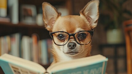 Curious Chihuahua Wearing Oversized Glasses Reading a Book