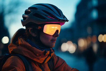 Cyclist wearing helmet and augmented reality glasses illuminated in orange and purple riding at night in the city with bokeh lights in background