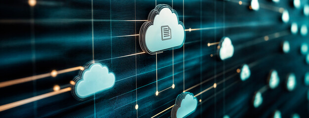Conceptual cloud storage symbols on a digital networking background showing speed and efficiency
