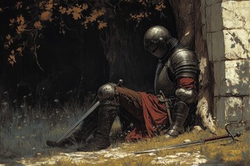 Knight resting against stone wall with swords laying beside him